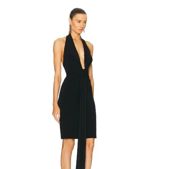 Norma Kamali Tie Front Halter Dress M Black Midi - Picture 2 of 5